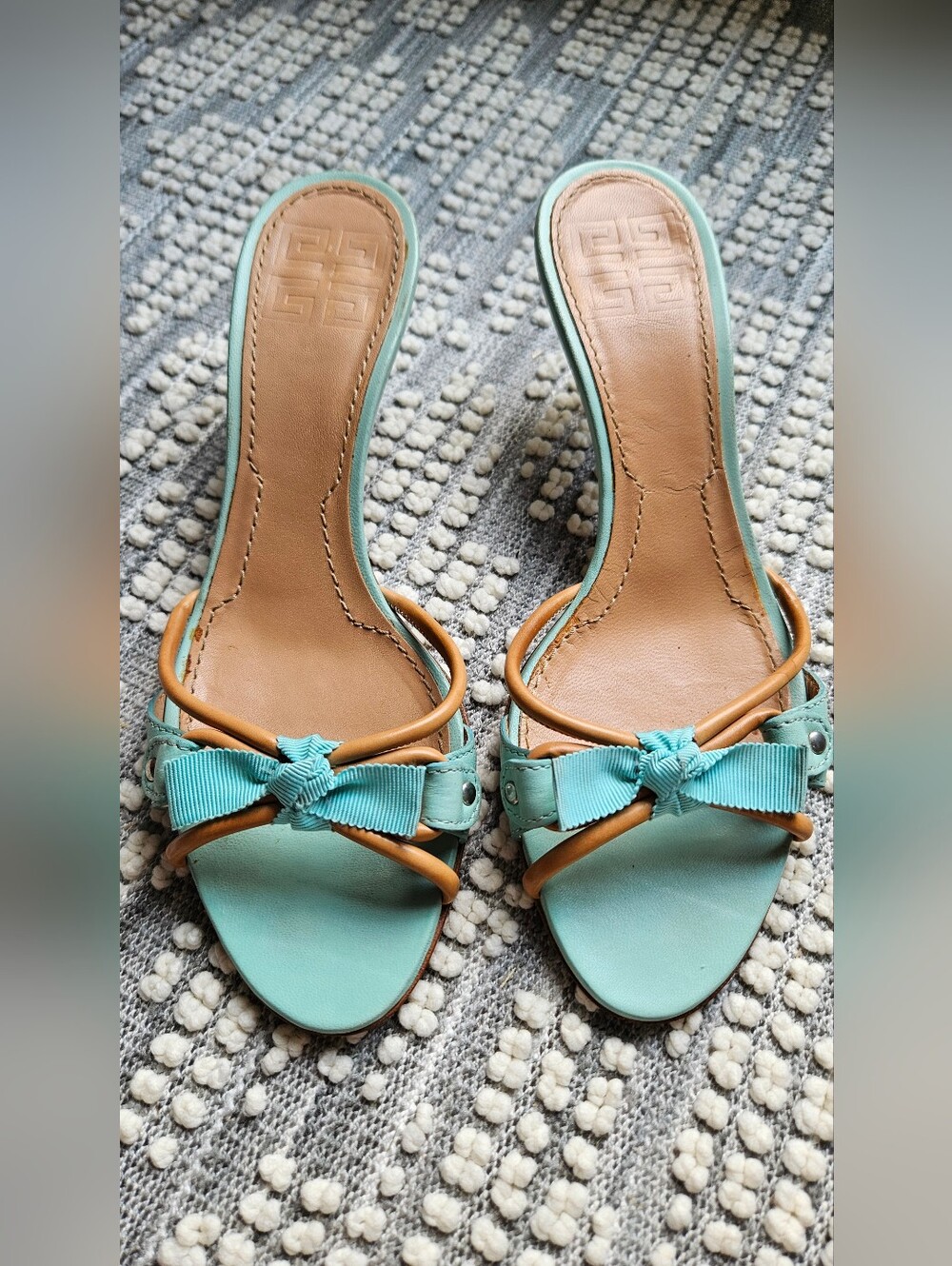 Givenchy Mint Green Slide Mules with Tan Trim